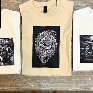 Beige T-Shirt with Black and White Paisley Rose Design